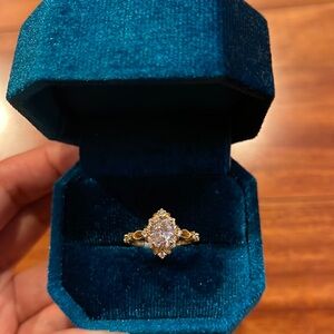 Ring Size 5.5 milgrain art deco moissanite 6x8 with side stones, 10k yellow gold